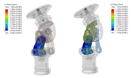Baseline stresses in the knee (left) | Optimized stresses in the knee (right) – by Altair